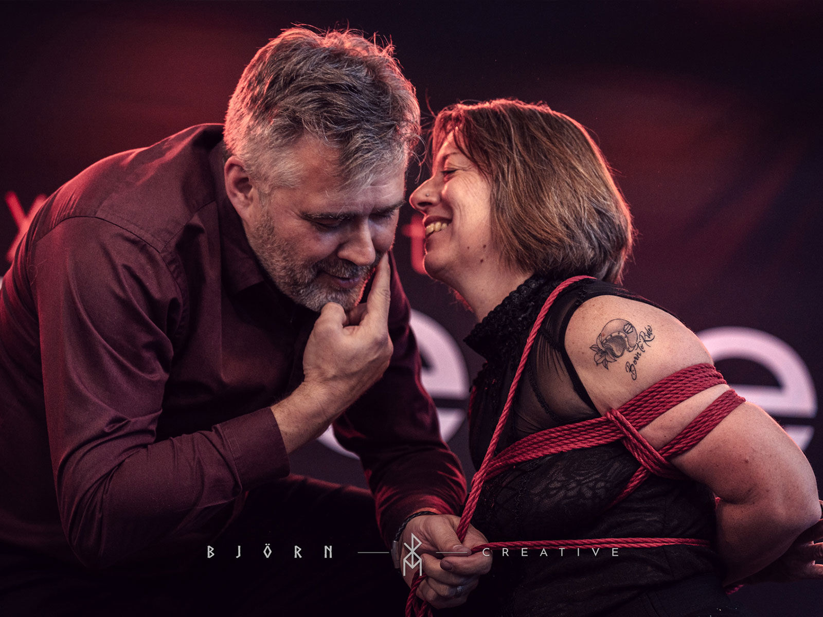 Shana and Jack from Aijō Dojo during the Shibari show on the main stage at Obscene 2026 in Karlsruhe