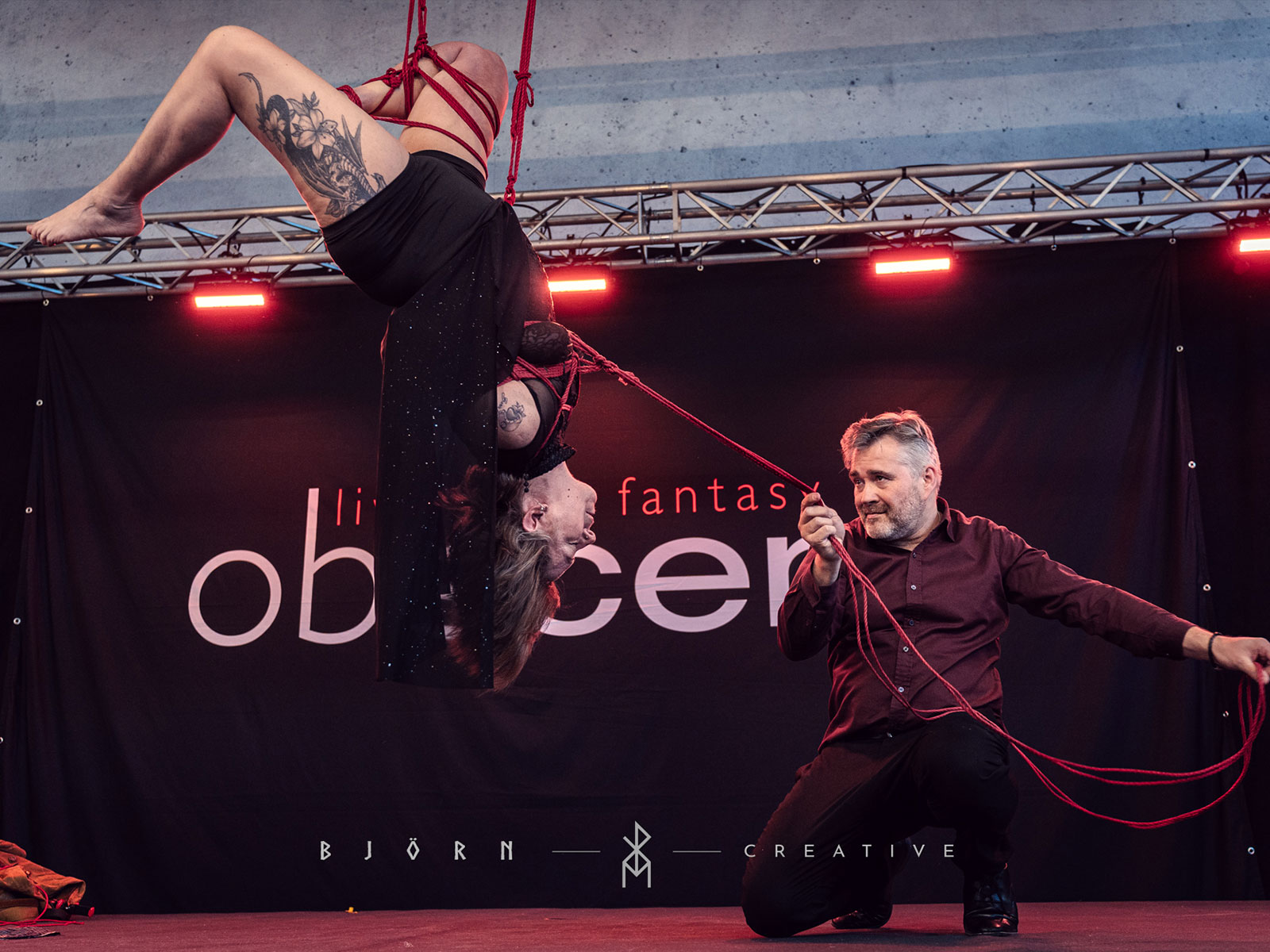 Aijō Dojo and Rope Experience during the joint Shibari performance on the main stage at Obscene 2026 in Karlsruhe