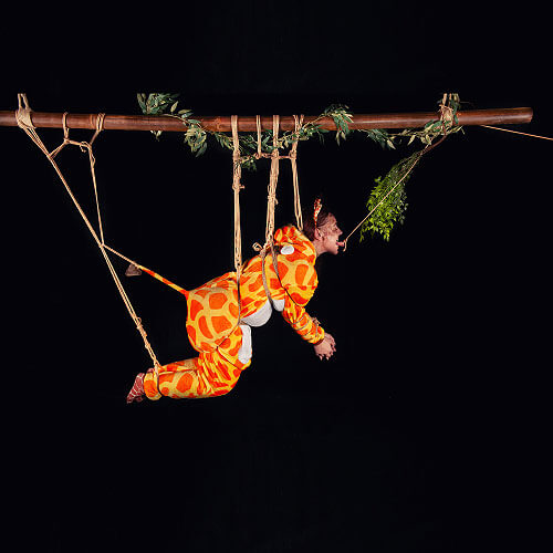 Künstlerische Shibari Fotografie mit Giraffen Onesie und japanischer Seilkunst